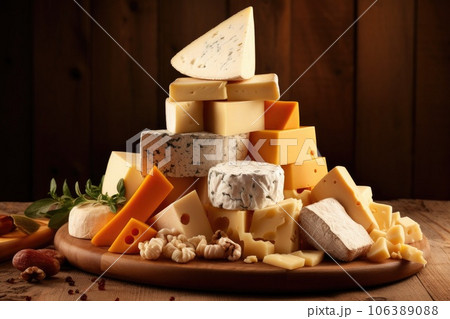 Different types of cheese on a wooden board Different types of cheese on a wooden board 106389088