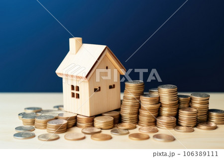 Wooden house with stack money coins on table. Investment business concept. 106389111