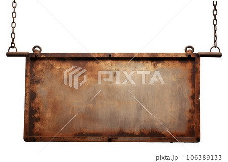 Old rusty tin sign hanging on a chain Old rusty tin sign hanging on a chain 106389133