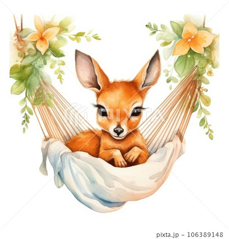 Watercolor cute baby deer in a hammock 106389148