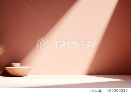 Unobtrusive background with shadow on the wall. Premium podium, stand on pastel light background. Mock up for exhibitions, presentation of products, therapy, relaxation and health. Unobtrusive background with shadow on the wall. Premium podium, stand on pastel light background. Mock up for exhibitions, presentation of products, therapy, relaxation and health. 106390039