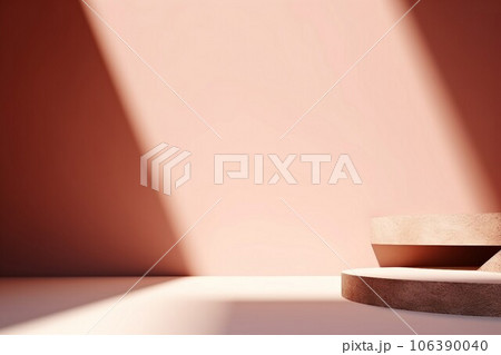 Unobtrusive background with shadow on the wall. Premium podium, stand on pastel light background. Mock up for exhibitions, presentation of products, therapy, relaxation and health. Unobtrusive background with shadow on the wall. Premium podium, stand on pastel light background. Mock up for exhibitions, presentation of products, therapy, relaxation and health. 106390040