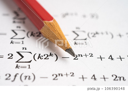 Pencil on mathematic formula exercise test paper in education school. 106390148