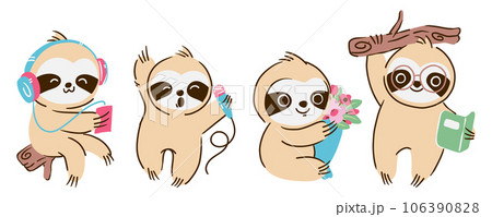 Set of sloth bear cartoon characters . Hand drawn style . White isolated background . Vector . 106390828