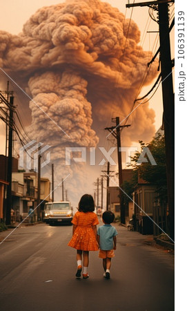 Children from the street looks at the cloud from the explosion in the distance 106391139