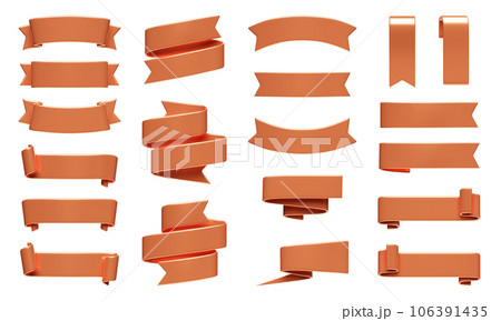 Bronze ribbon banner 3d render set. Glossy metalic text box in form of curled and rolled tape for sale or discount promotion sign. Title label design element for advertising or congratulation message. Bronze ribbon banner 3d render set. Glossy metalic text box in form of curled and rolled tape for sale or discount promotion sign. Title label design element for advertising or congratulation message. 106391435