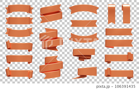 Bronze ribbon banner 3d render set. Glossy metalic text box in form of curled and rolled tape for sale or discount promotion sign. Title label design element for advertising or congratulation message. Bronze ribbon banner 3d render set. Glossy metalic text box in form of curled and rolled tape for sale or discount promotion sign. Title label design element for advertising or congratulation message. 106391435