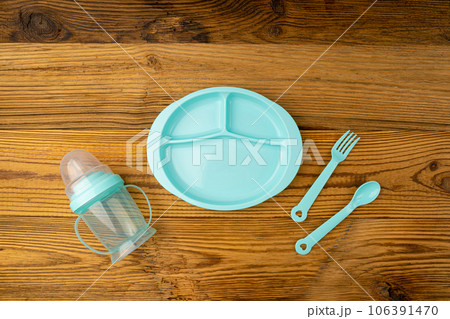 Baby Plate, Cup, Spoon and Fork, Color Kids Utensils, Small Colorful Toddler Tableware Baby Plate, Cup, Spoon and Fork, Color Kids Utensils, Small Colorful Toddler Tableware 106391470