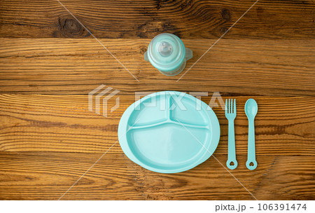 Baby Plate, Cup, Spoon and Fork, Color Kids Utensils, Small Colorful Toddler Tableware 106391474