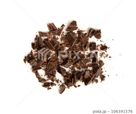 Grated Chocolate Pile Isolated, Crushed Chocolate Shavings, Crumbs, Scattered Flakes, Cocoa Sprinkles Grated Chocolate Pile Isolated, Crushed Chocolate Shavings, Crumbs, Scattered Flakes, Cocoa Sprinkles 106391576