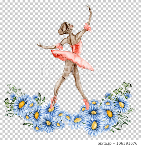 Composition of dancing ballerina with flowers. Hand drawn classic ballet performance, pose. Young pretty ballerina women illustration. Can be used for postcard and posters. 106391676