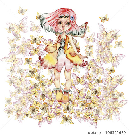 Composition of fairy with butterflies. Hand drawn classic ballet performance, pose. Young pretty ballerina women illustration. Can be used for postcard and posters. 106391679