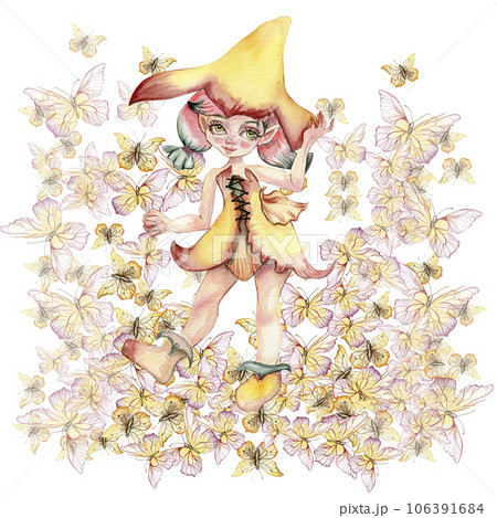 Composition of fairy with butterflies. Hand drawn classic ballet performance, pose. Young pretty ballerina women illustration. Can be used for postcard and posters. Composition of fairy with butterflies. Hand drawn classic ballet performance, pose. Young pretty ballerina women illustration. Can be used for postcard and posters. 106391684