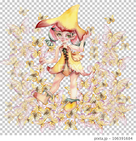 Composition of fairy with butterflies. Hand drawn classic ballet performance, pose. Young pretty ballerina women illustration. Can be used for postcard and posters. 106391684