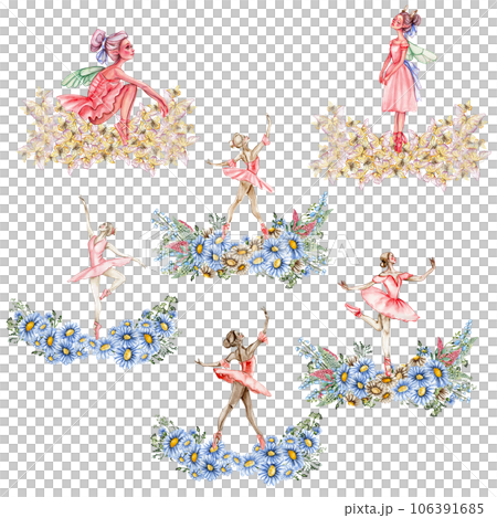 Composition of dancing ballerina with flowers. Hand drawn classic ballet performance, pose. Young pretty ballerina women illustration. Can be used for postcard and posters. 106391685