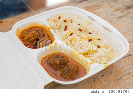 Kofta and Kabuli Pulao, Afghani Cuisine with Lamb Meat Balls, Pilaf or Pilau, Traditional Afghanistan Pilaw 106391796