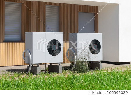 Dual Eco-Friendly Air Source Heat Pumps at Contemporary Residence Dual Eco-Friendly Air Source Heat Pumps at Contemporary Residence 106392029
