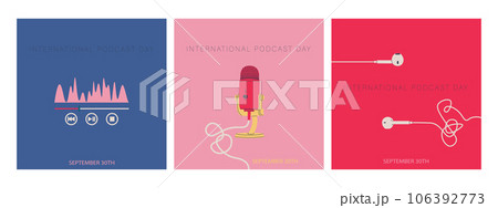 International Podcast Day. A set of square postcards for September 30th. Wired earbuds, equalizer sound wave, studio microphone. Vector illustration for design. International Podcast Day. A set of square postcards for September 30th. Wired earbuds, equalizer sound wave, studio microphone. Vector illustration for design. 106392773