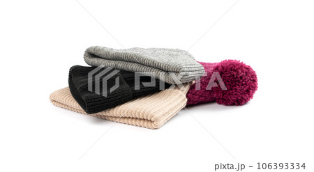 Winter Hat Isolated, Knitted Cap, Beige Winter Hat on White Background Winter Hat Isolated, Knitted Cap, Beige Winter Hat on White Background 106393334