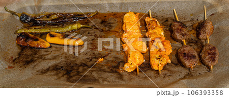 Small Skewers, Street Barbecue, Chicken Shish Kebab, Barbecue Shashlik, Skewered Grilled Chicken Meat Small Skewers, Street Barbecue, Chicken Shish Kebab, Barbecue Shashlik, Skewered Grilled Chicken Meat 106393358