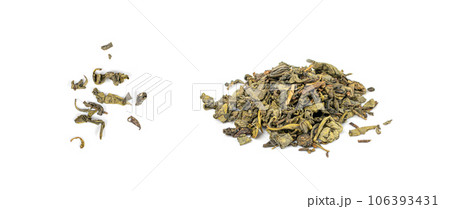 Matcha and Green Tea Leaves Mix Isolated, Dry Fresh Herbal Tea Pile, Healthy Drink Ingredient Matcha and Green Tea Leaves Mix Isolated, Dry Fresh Herbal Tea Pile, Healthy Drink Ingredient 106393431