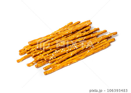 Bread Sticks, Pretzel Straws, Sesame Grissini, Pretzels Snack with Sesame Seeds, Long Rusks Bread Sticks, Pretzel Straws, Sesame Grissini, Pretzels Snack with Sesame Seeds, Long Rusks 106393483