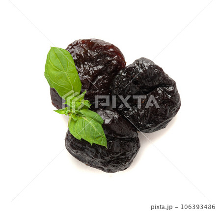 Dry Plums Isolated, Dried Black Fruits, Prune Group, Dry Plum Fruit on White Background 106393486