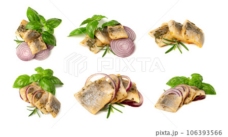Salted Herring Fillet Isolated, Raw Pickled Fish Meat, Marinated Herring on White Background Salted Herring Fillet Isolated, Raw Pickled Fish Meat, Marinated Herring on White Background 106393566