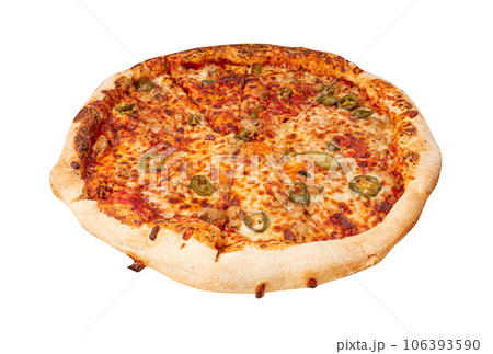 Pepperoni Pizza with Pickled Hot Jalapeno Peppers in Cardboard Delivery Box, Salami Pizza Pepperoni Pizza with Pickled Hot Jalapeno Peppers in Cardboard Delivery Box, Salami Pizza 106393590