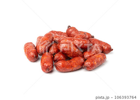 Mini Sausages Isolated, Dry Smoked Salami Sticks, Small Kielbasa, Cabanossi, Kabanos, Dry Embutido, Chorizo 106393764