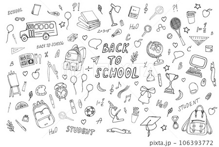 Set for school and students.Back to school illustration.School doodles, learning,chemistry,physics, lessons, time for learning, school tools set. 106393772