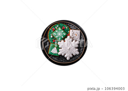 Beautiful Christmas or New Year colorful homemade gingerbread cookies 106394003