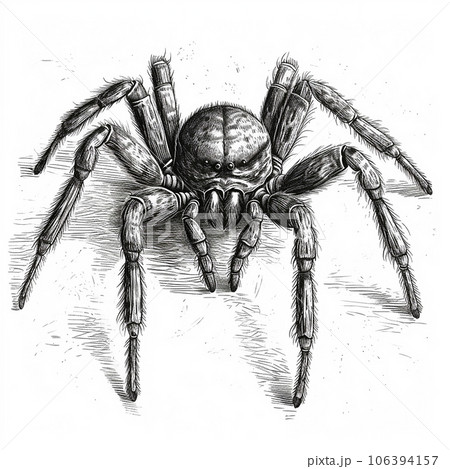 giant tarantula spider, scary black hairy predatory spider, black and white drawing, engraving style giant tarantula spider, scary black hairy predatory spider, black and white drawing, engraving style 106394157