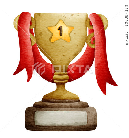 Isolated cute golden trophy with number 1 star and red ribbon in watercolor style and transparent background Isolated cute golden trophy with number 1 star and red ribbon in watercolor style and transparent background 106394158