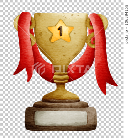 Isolated cute golden trophy with number 1 star and red ribbon in watercolor style and transparent background 106394158