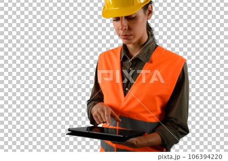 woman with helmet who work in a warehouse 106394220