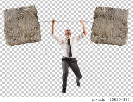 Powerful and determined  businessman trains with a barbell with stones 106394355