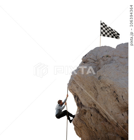 Businessman climbs a mountain to get the flag. Achievement business goal and difficult career concept Businessman climbs a mountain to get the flag. Achievement business goal and difficult career concept 106394364