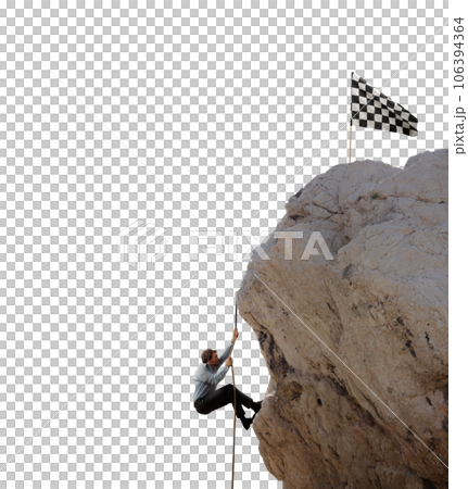 Businessman climbs a mountain to get the flag. Achievement business goal and difficult career concept Businessman climbs a mountain to get the flag. Achievement business goal and difficult career concept 106394364