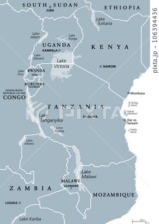 African Great Lakes region, gray political map. Large rift lakes of Africa, and their riparian countries with capitals and borders. Lake Victoria, Lake Tanganyika, Lake Malawi and smaller lakes. 106394436