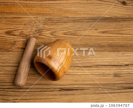 Wooden Mortar Isolated, Wood Pounder and Pestle, Empty Mortar Bowl, Vintage Kitchen Equipment Wooden Mortar Isolated, Wood Pounder and Pestle, Empty Mortar Bowl, Vintage Kitchen Equipment 106394787