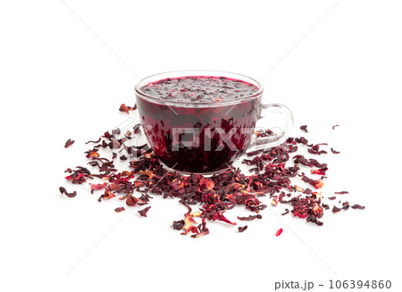 Hibiscus Tea, Dry Rose Drink, Cold Fruit Red Tea in Transparent Mug, Roselle Hibiscus Tea 106394860