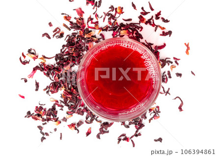 Hibiscus Tea, Dry Rose Drink, Cold Fruit Red Tea in Transparent Mug, Roselle Hibiscus Tea Hibiscus Tea, Dry Rose Drink, Cold Fruit Red Tea in Transparent Mug, Roselle Hibiscus Tea 106394861