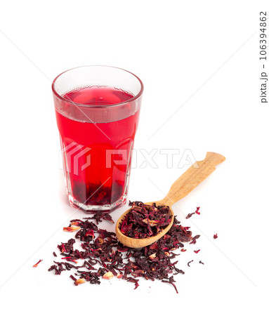 Hibiscus Tea, Dry Rose Drink, Cold Fruit Red Tea in Transparent Mug, Roselle Hibiscus Tea Hibiscus Tea, Dry Rose Drink, Cold Fruit Red Tea in Transparent Mug, Roselle Hibiscus Tea 106394862