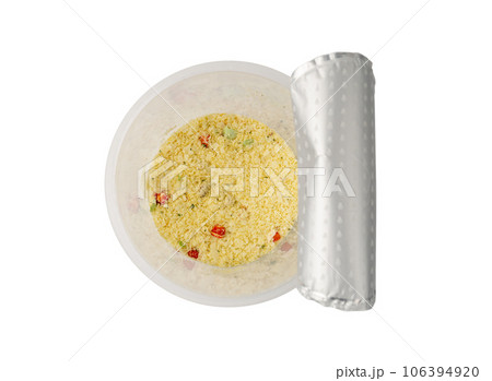 Instant Mashed Potato Powder Isolated, Potato Puree Flakes in a Plastic Cup, White Vegetable Flour 106394920