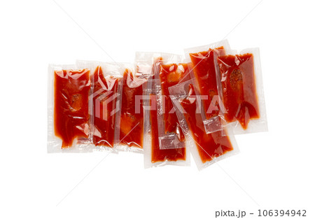Ketchup in Square Plastic Bag Isolated, One-Time Portion of Tomato Sauce, Transparent Catsup Sachet 106394942