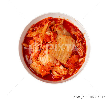 Kimchi Isolated, Kimchee in White Bowl, Red Spicy Kim Chi, Hot Fermented Napa Cabbage, Traditional Jimchi 106394943
