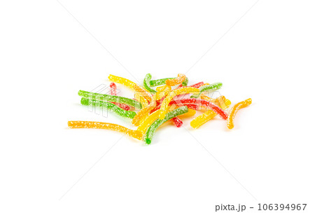 Rainbow Gummy Candy Pile Isolated, Sour Jelly Candies Strips in Sugar Sprinkle, Colorful Striped Marmalade 106394967