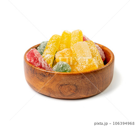 Rainbow Gummy Candy Pile Isolated, Sour Jelly Candies Strips in Sugar Sprinkle, Colorful Striped Marmalade 106394968