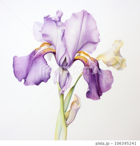 Violet purple watercolour iris spring summer flower illustration on white background. Generative AI 106395241